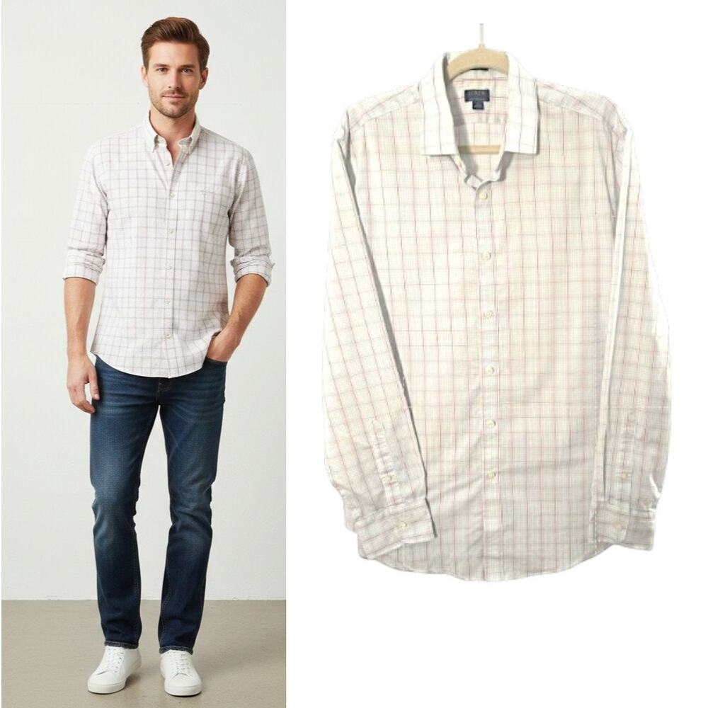 J. Crew Performance Shirt Men's L Large Gray Red Check Long Sleeve Button Down